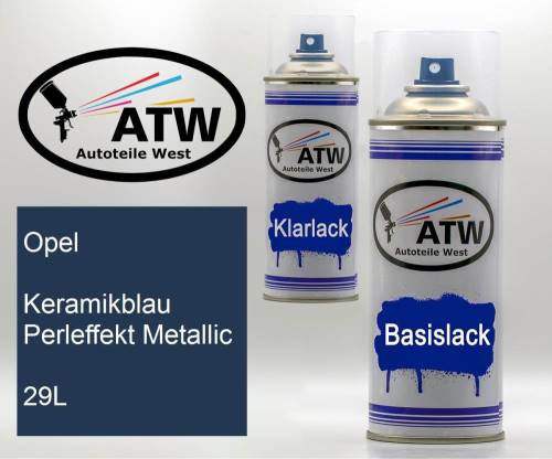 Opel, Keramikblau Perleffekt Metallic, 29L: 400ml Sprühdose + 400ml Klarlack - Set, von ATW Autoteile West.